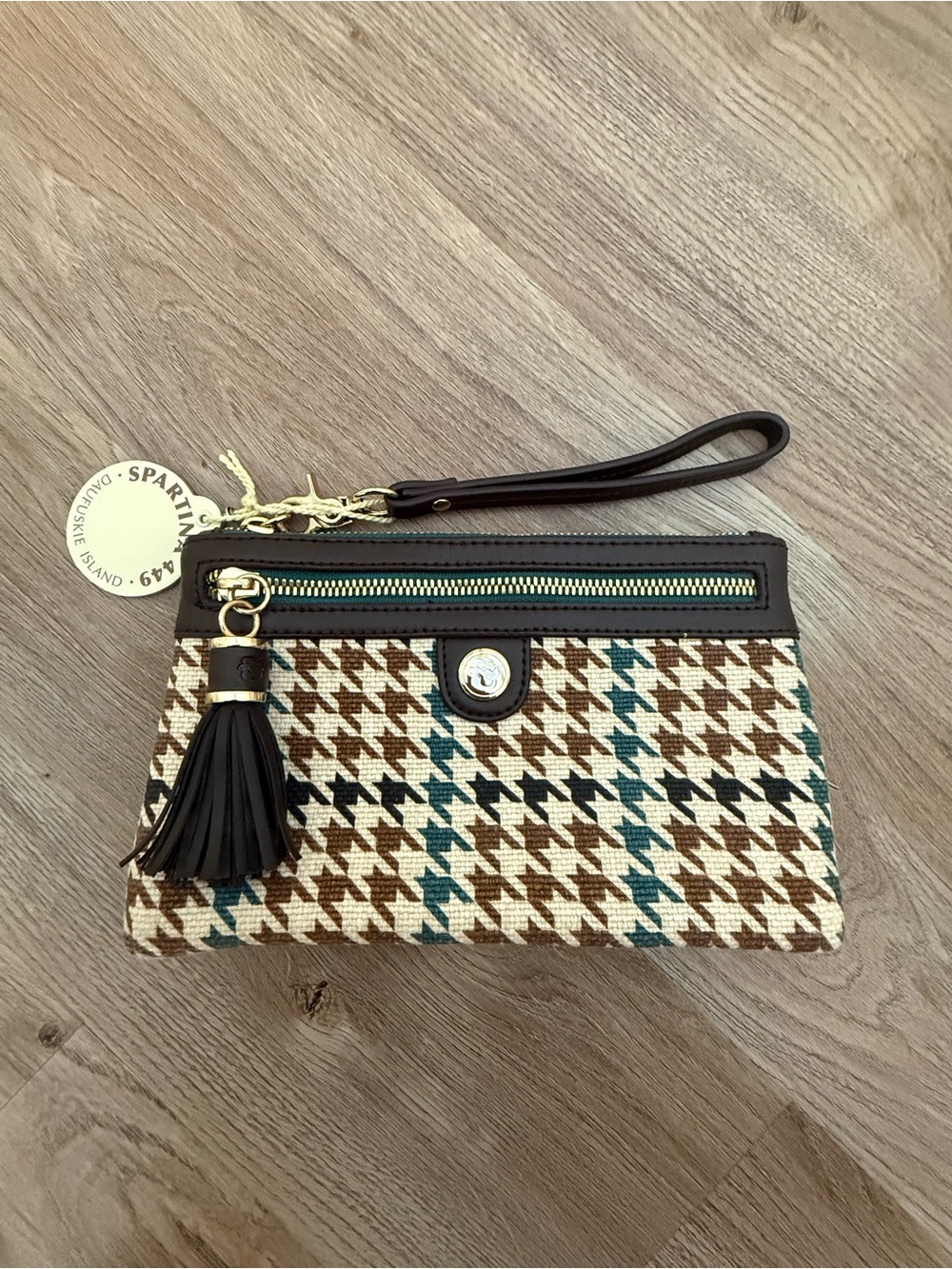 Spartina 449 Brown Cream and Teal Houndstooth Wristlet Clutch